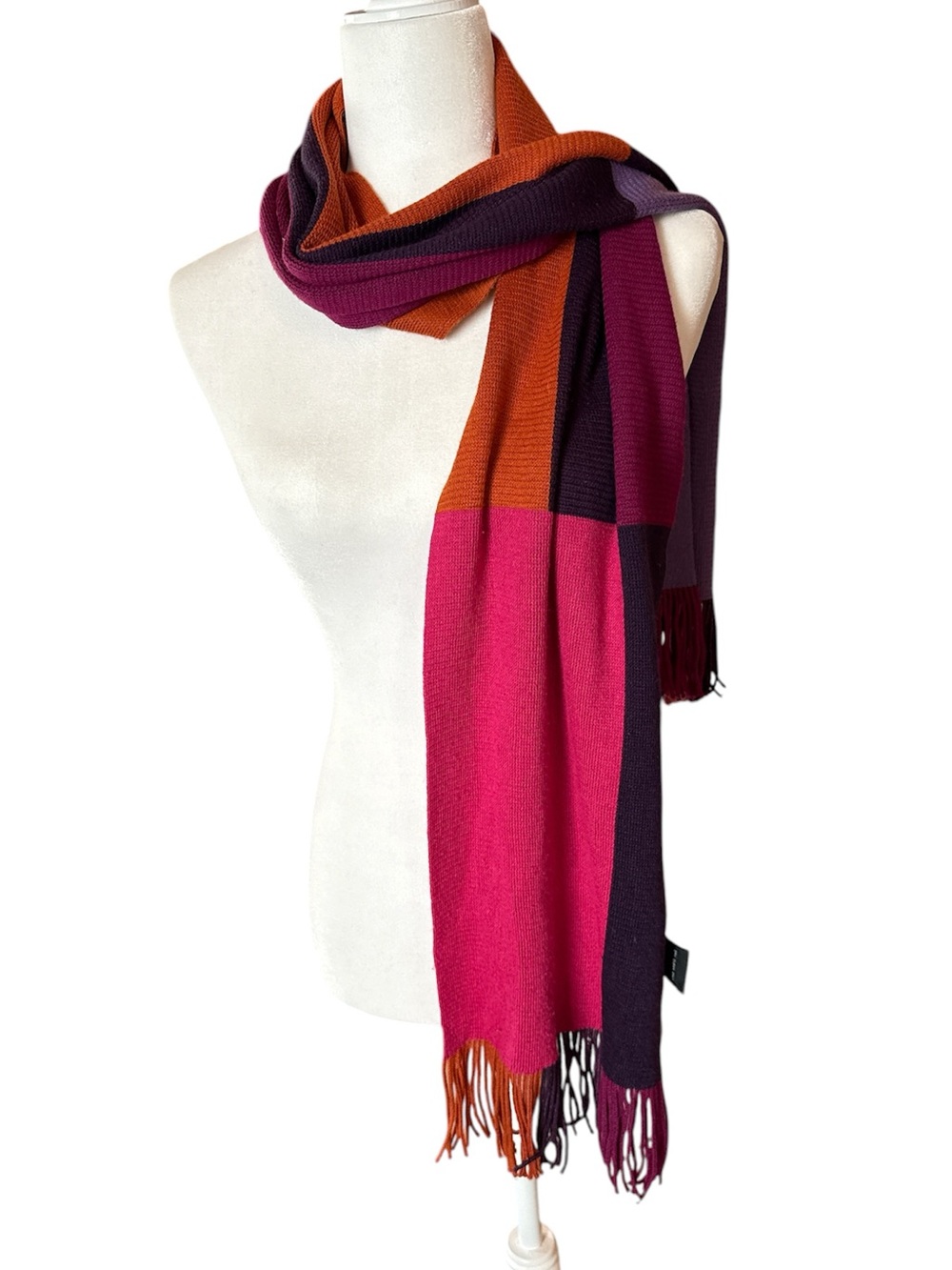 Bonnefoy Creations Colorblock Fringe Knit Scarf in Pink, Orange, Purple
